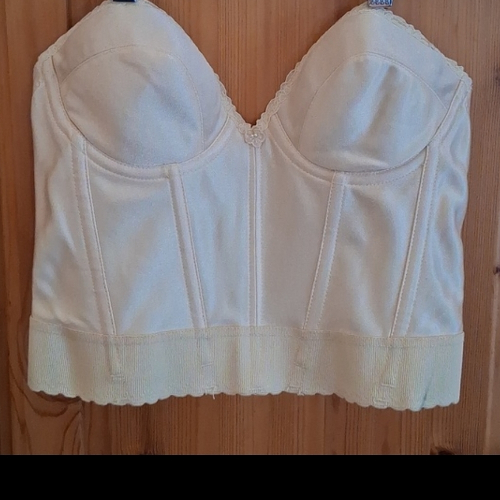 Vintage Carnival Cream Lace Trim Bodycon Strapless Push Up Corset Bustier 36B - Picture 10 of 10